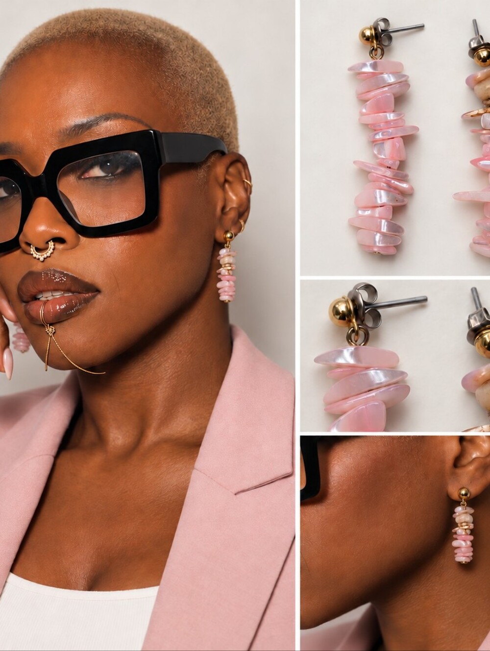 Elegant Pink Shell Stack Drop Earrings - Women Jewelry